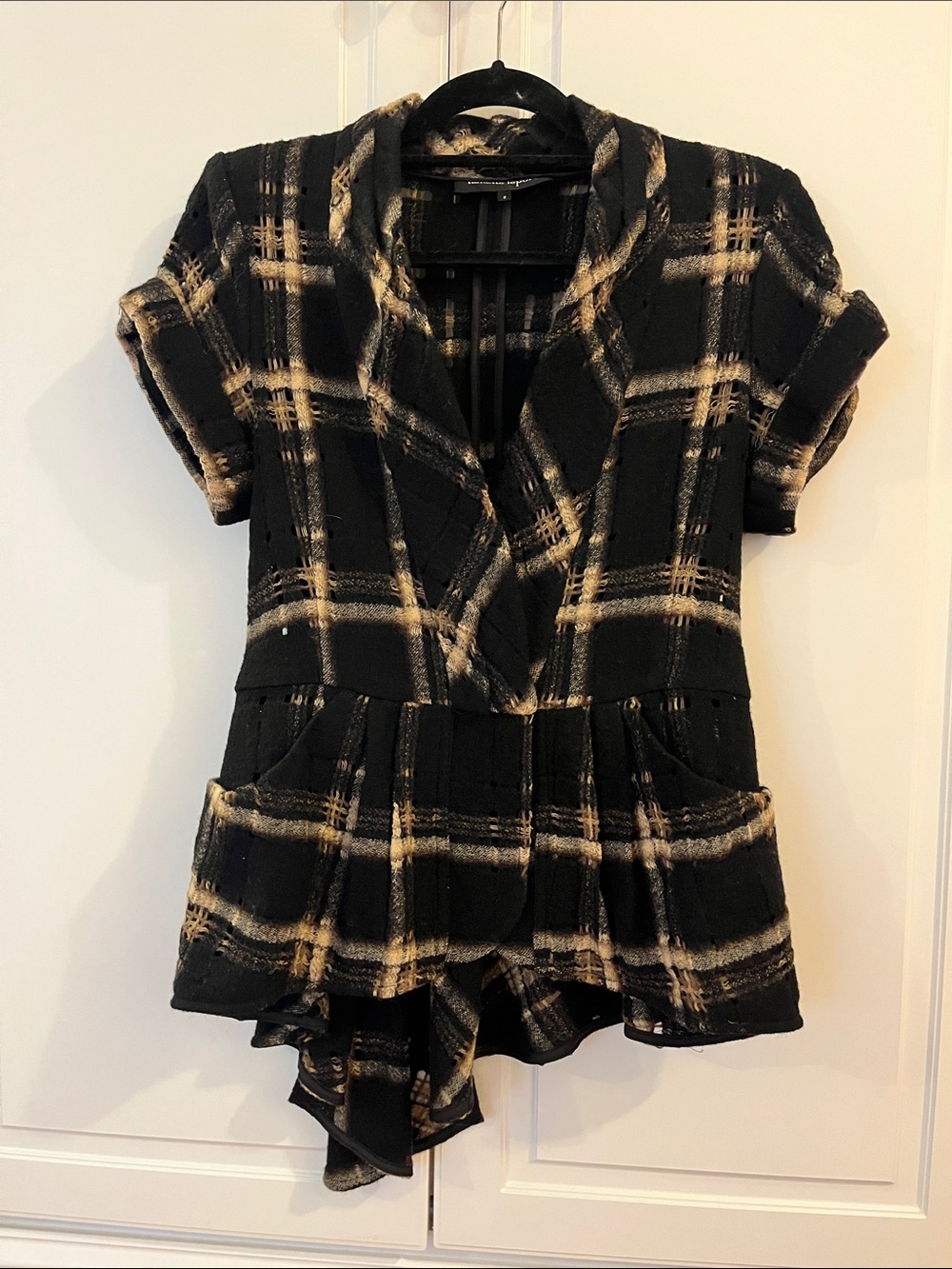 Nanette Lepore Black and Cream Plaid Short-Sleeve Peplum Top
